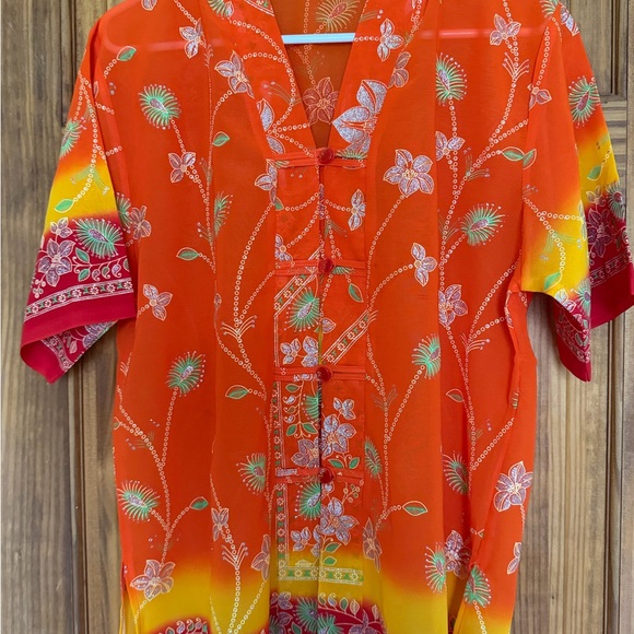 no brand Tops - Vibrant orange red floral print mandarin collar